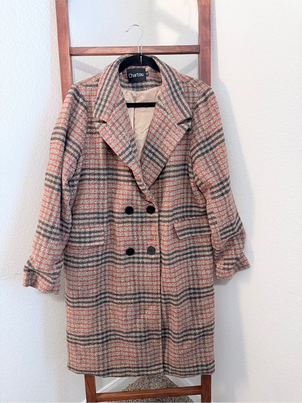 Chartou Plaid Double Breasted Wool Blend Long Coat Jacket Size XL